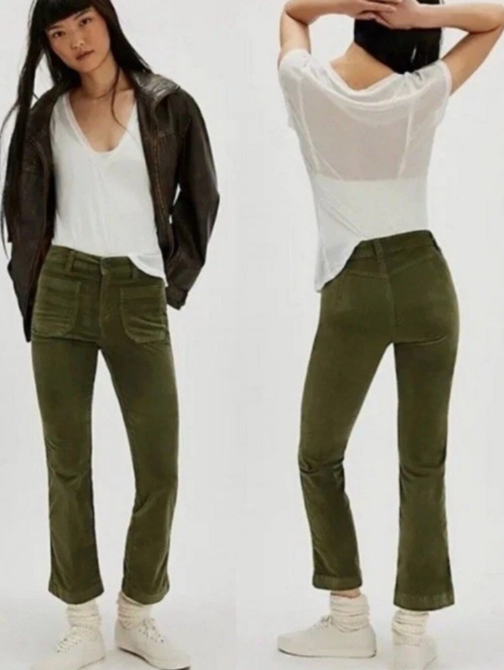 Free People High Time Velvet Kick Flare Pants  Olive Army Green SZ-4